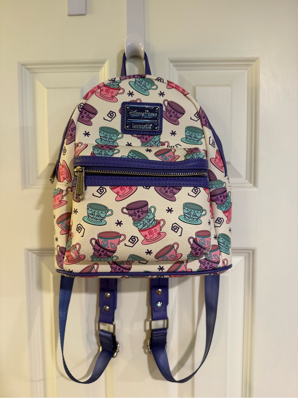 Loungefly Disney Teacup Pattern Mini Backpack in White, Purple, Pink, Teal